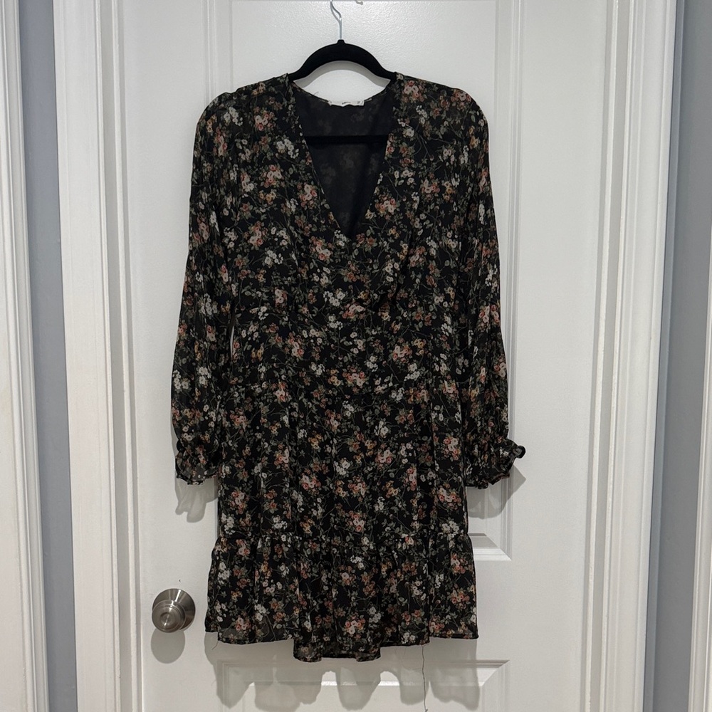 Mango Floral Long Sleeve Dress - Black and Pink